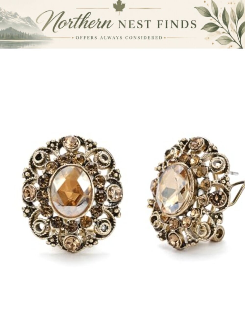 Victorian Oval Crystal Stud Earrings Gold-Tone Rhinestone Floral Bridal